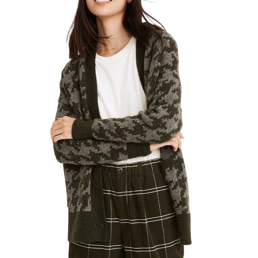 Madewell Allston Double Button Cardigan Houndstooth Wool Alpaca V-Neck Sweater